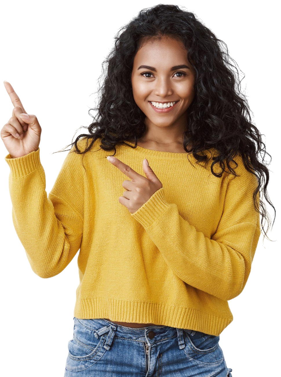 confident good looking girl with curly hairstyle look camera self assured sassy smiling pointing upper left corner introduce amazing product give recommendations e1768406505697 | UMC |